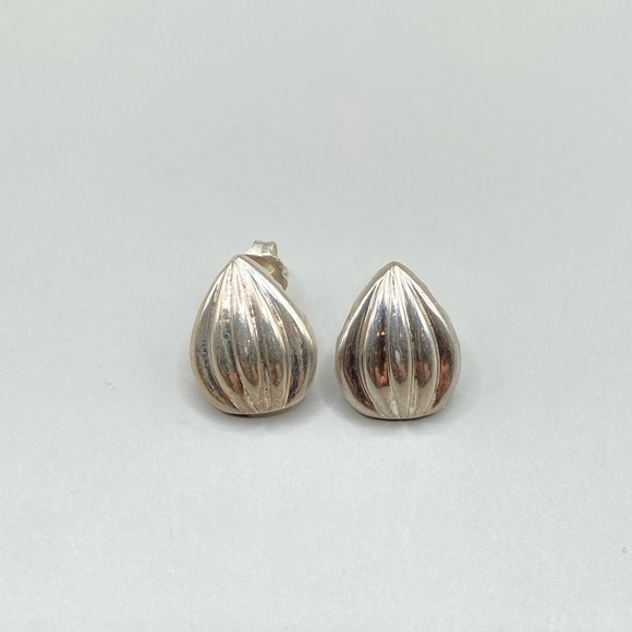 Silver Ridged Teardrop Post Earrings - Picture 1 of 4